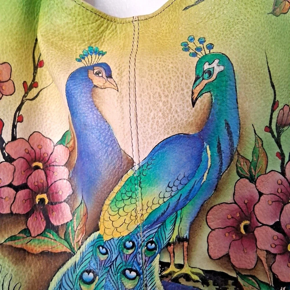 Anuschka Hand-Painted Leather Hobo Bag Peacocks Two sided Painting